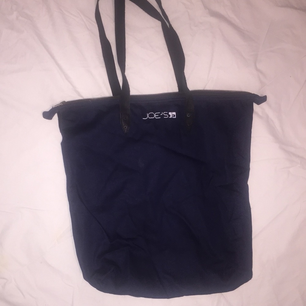 Joes denim tote with black leather straps